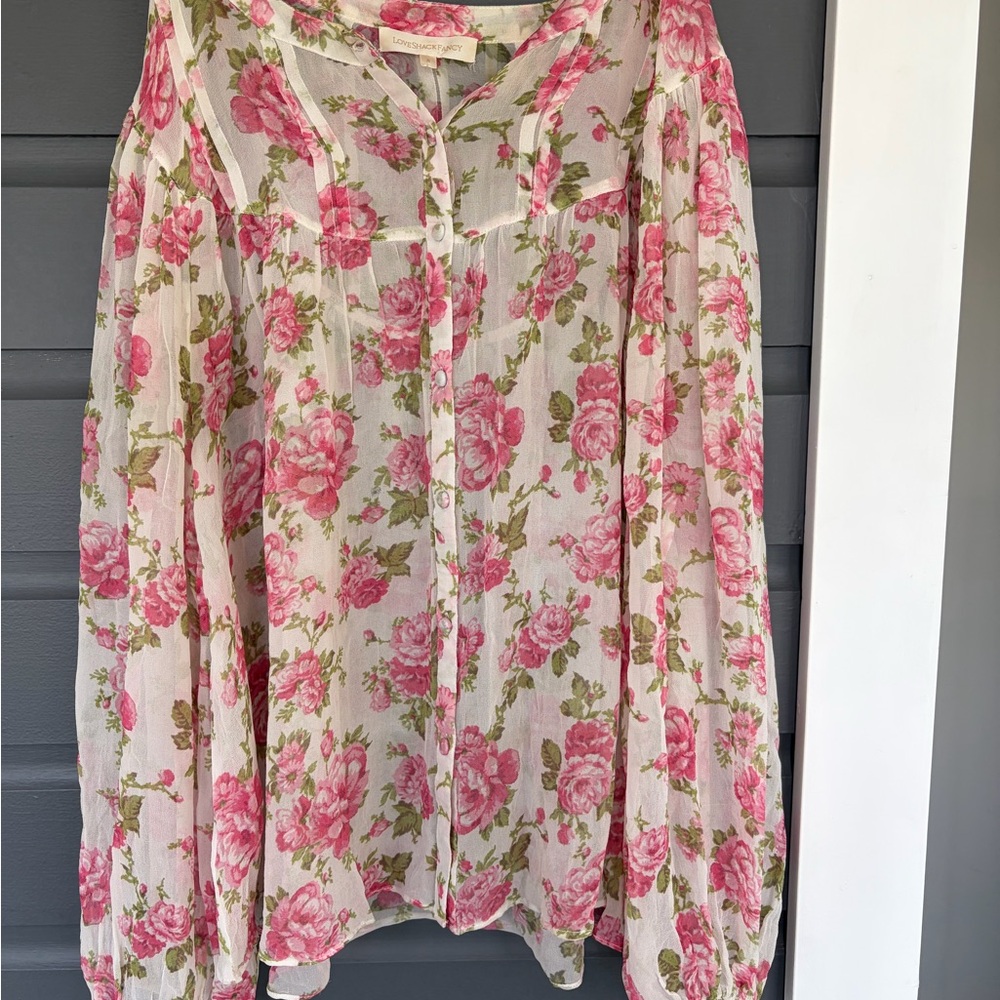 Loveshackfancy pink floral rose Button-down Sheer Silk Blouse small can fit med